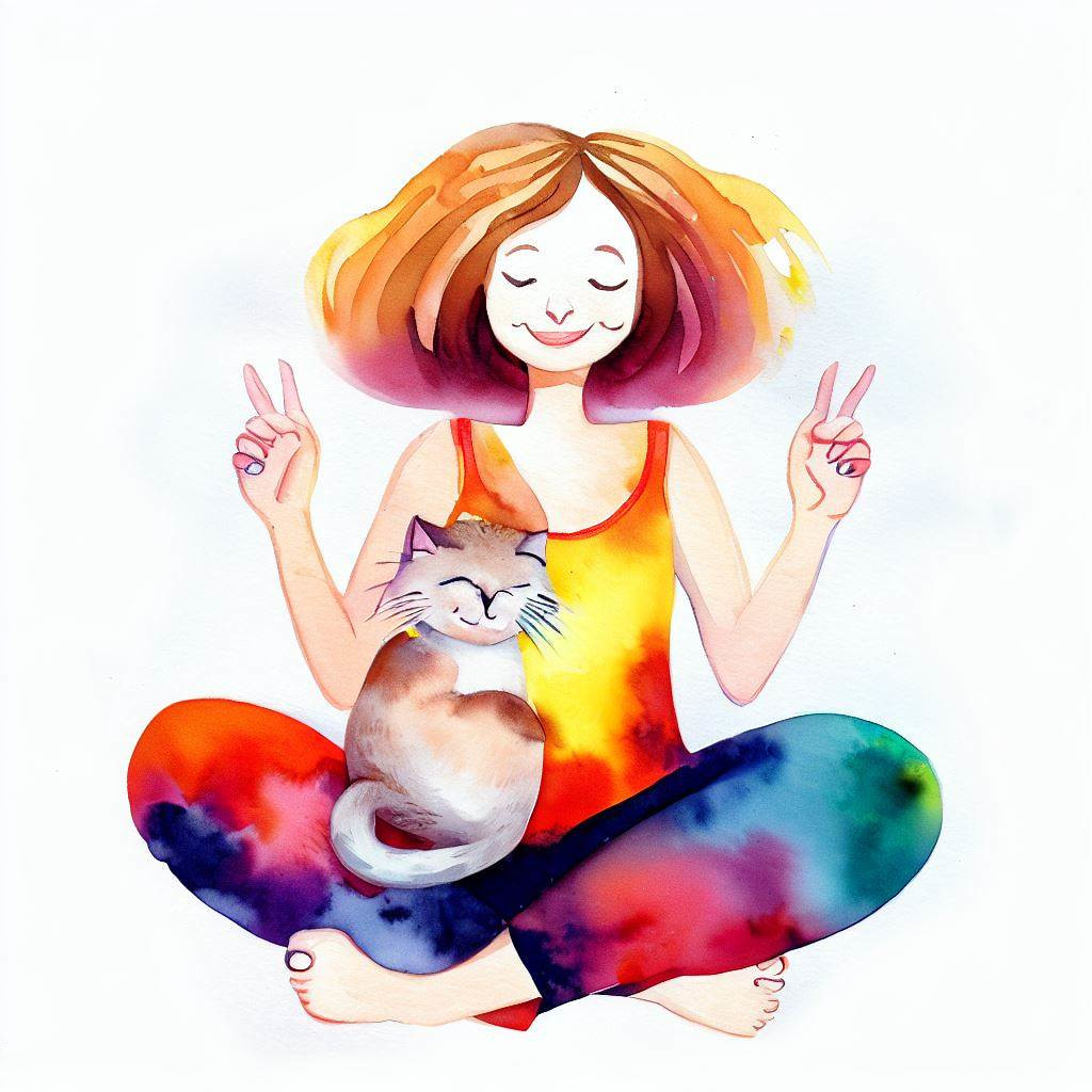 A peaceful woman and cat watercolor