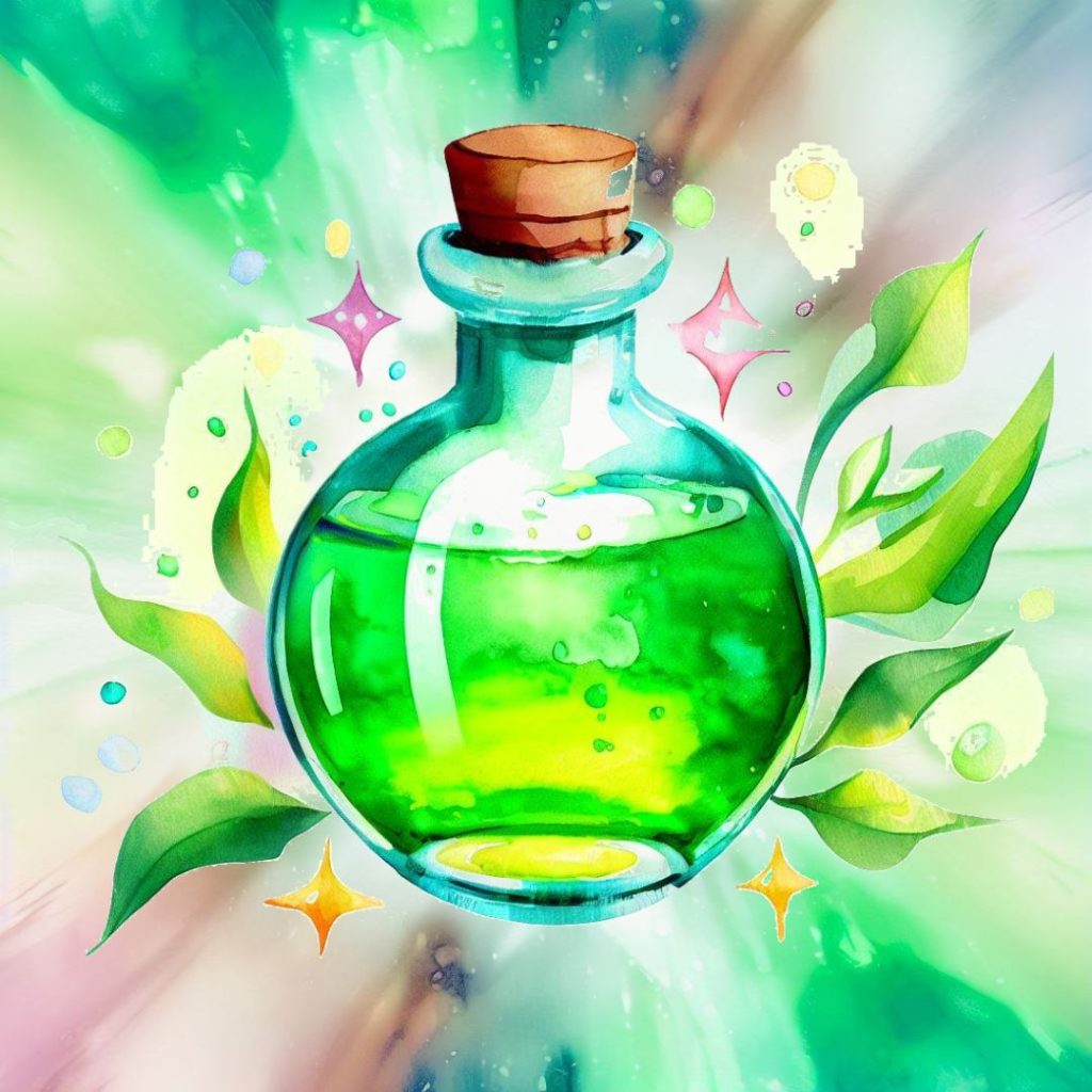 Green Elixir on colorful exploding nebula background watercolor