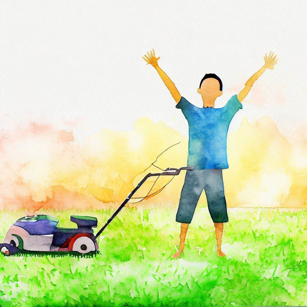 happy man mowing grass watercolor